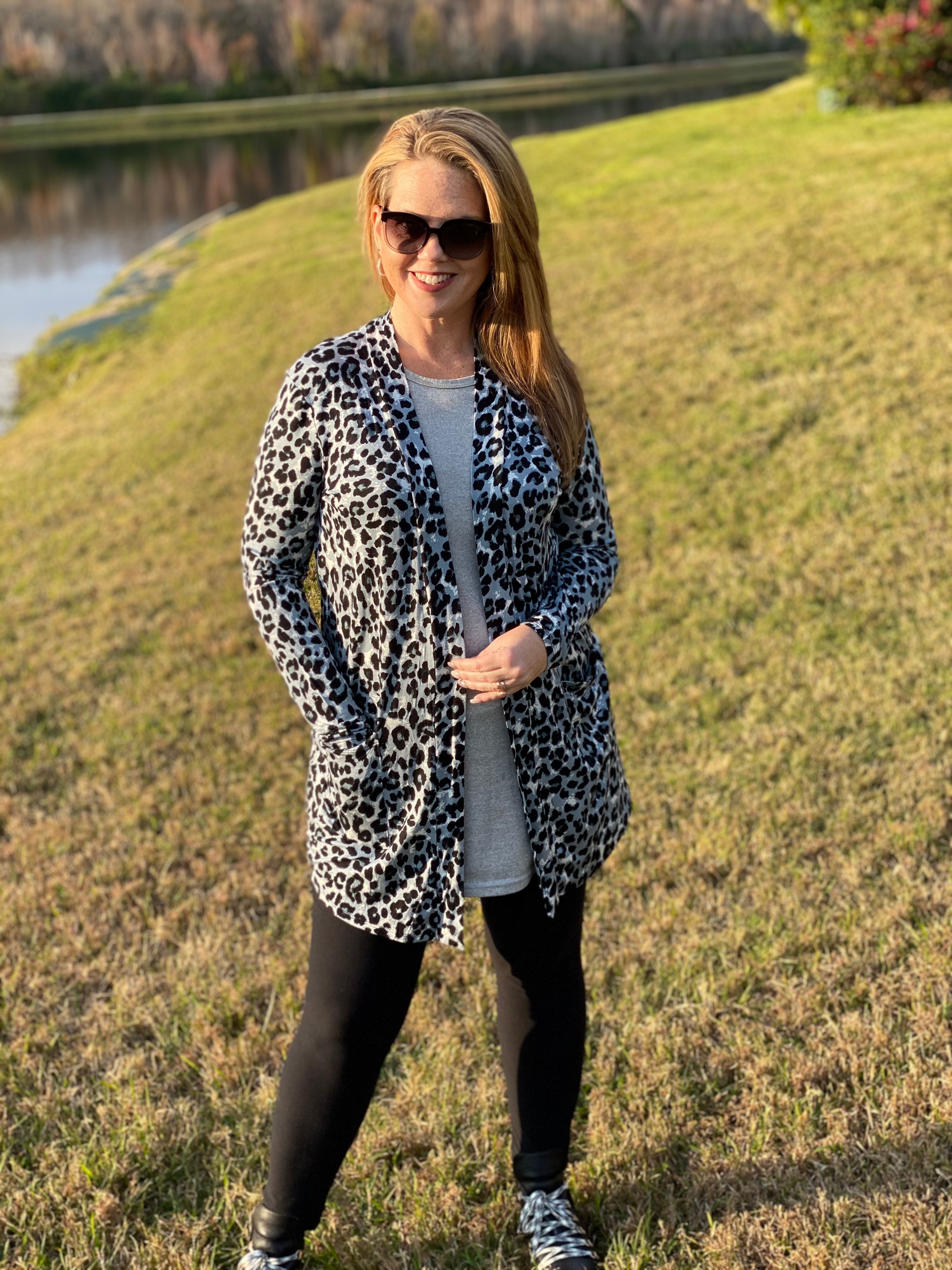 Leopard Slouchy Pocket Open Cardigan - Silver/Black